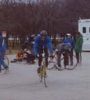 Trying to get clipped into the bike pedals.